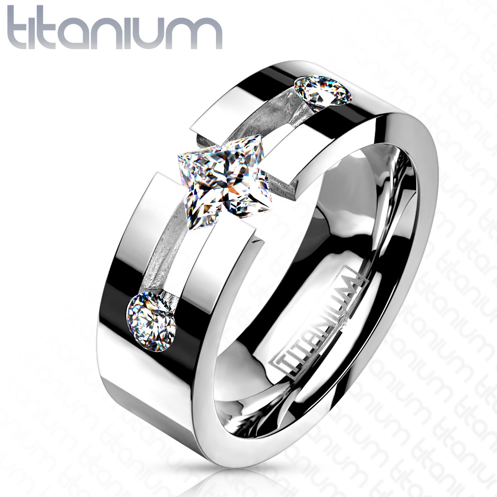 Tension Set Square Cz Center Band Ring Solid Titanium